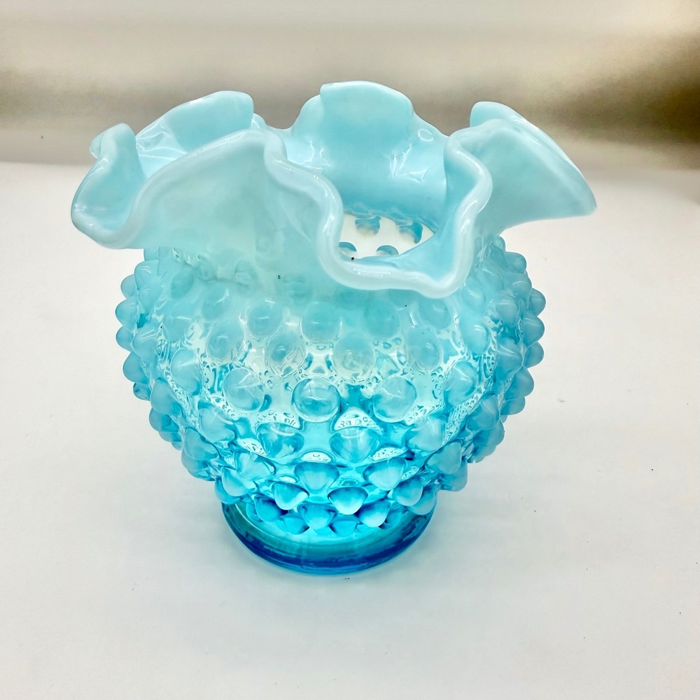 Fenton Home Vase 4.5in Glass Mid-Century‎ Blue Opalescent Hobnail Ruffled